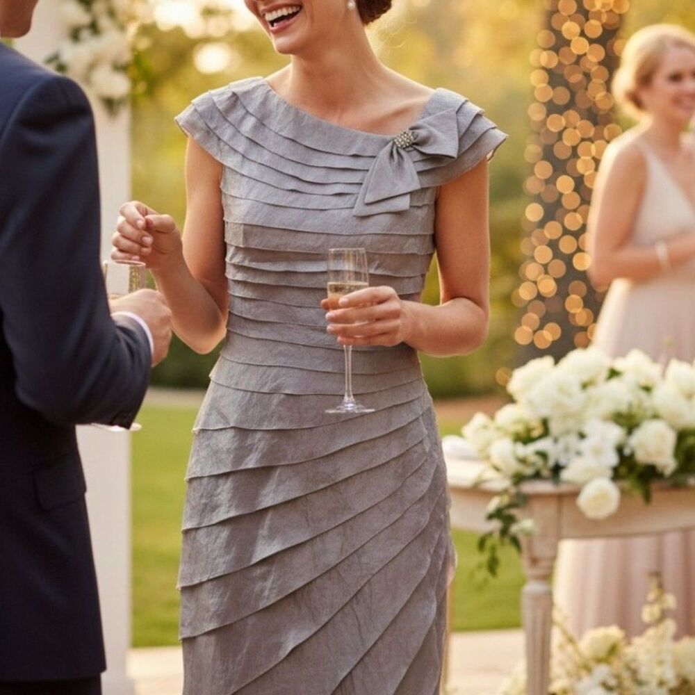 London Times Silver Shimmer Tiered Midi Dress Size 12